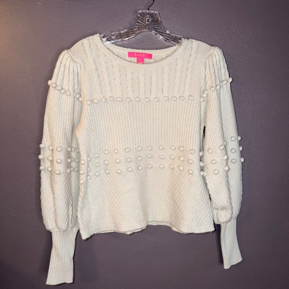 Lilly Pulitzer Cable Knit Puff Sleeve Sweater Pom Pom Romantic Sz M